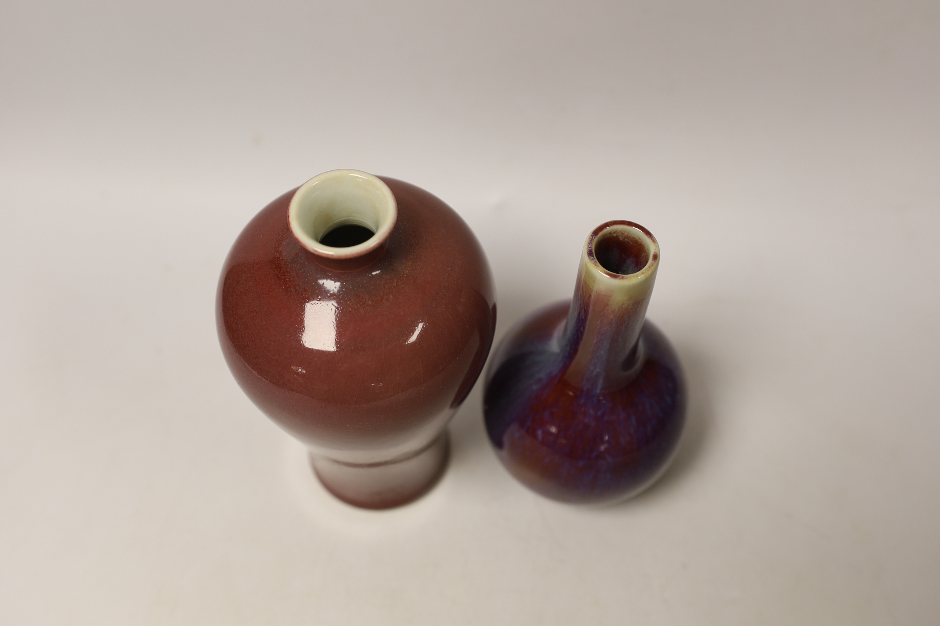 Two Chinese flambe glazed vases, tallest 18cm